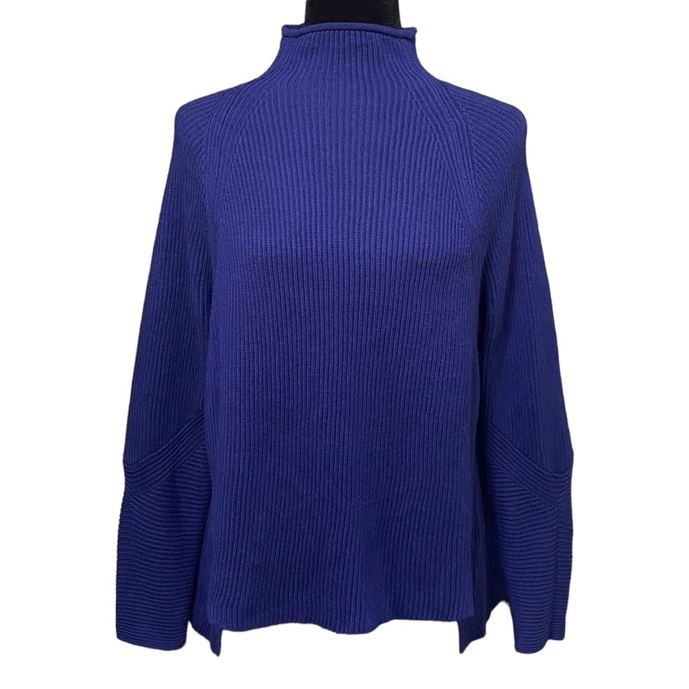 Elie Tahari Design Nation Blue Ribbed Wool Blend Mock Neck Sweater Small